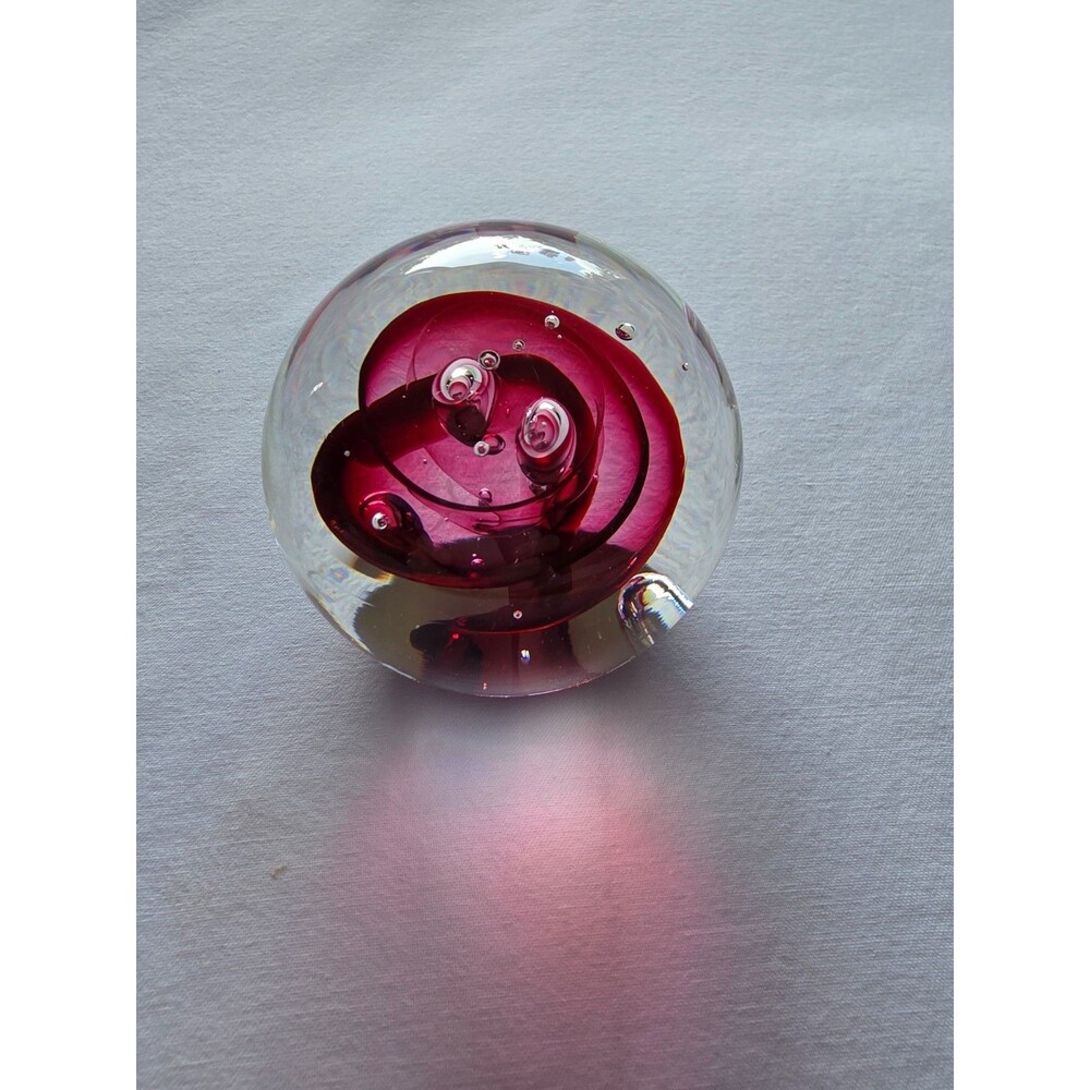 Signed Karg Art Glass Paperweight Cranberry Red Swirl Controlled Bubbles 3 Inch